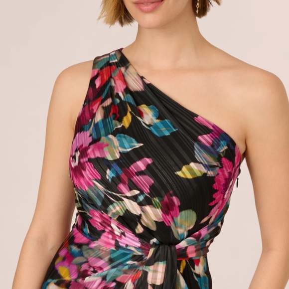 Adrianna Papell One Shoulder Metallic Floral Stripe Gown - Picture 3 of 7
